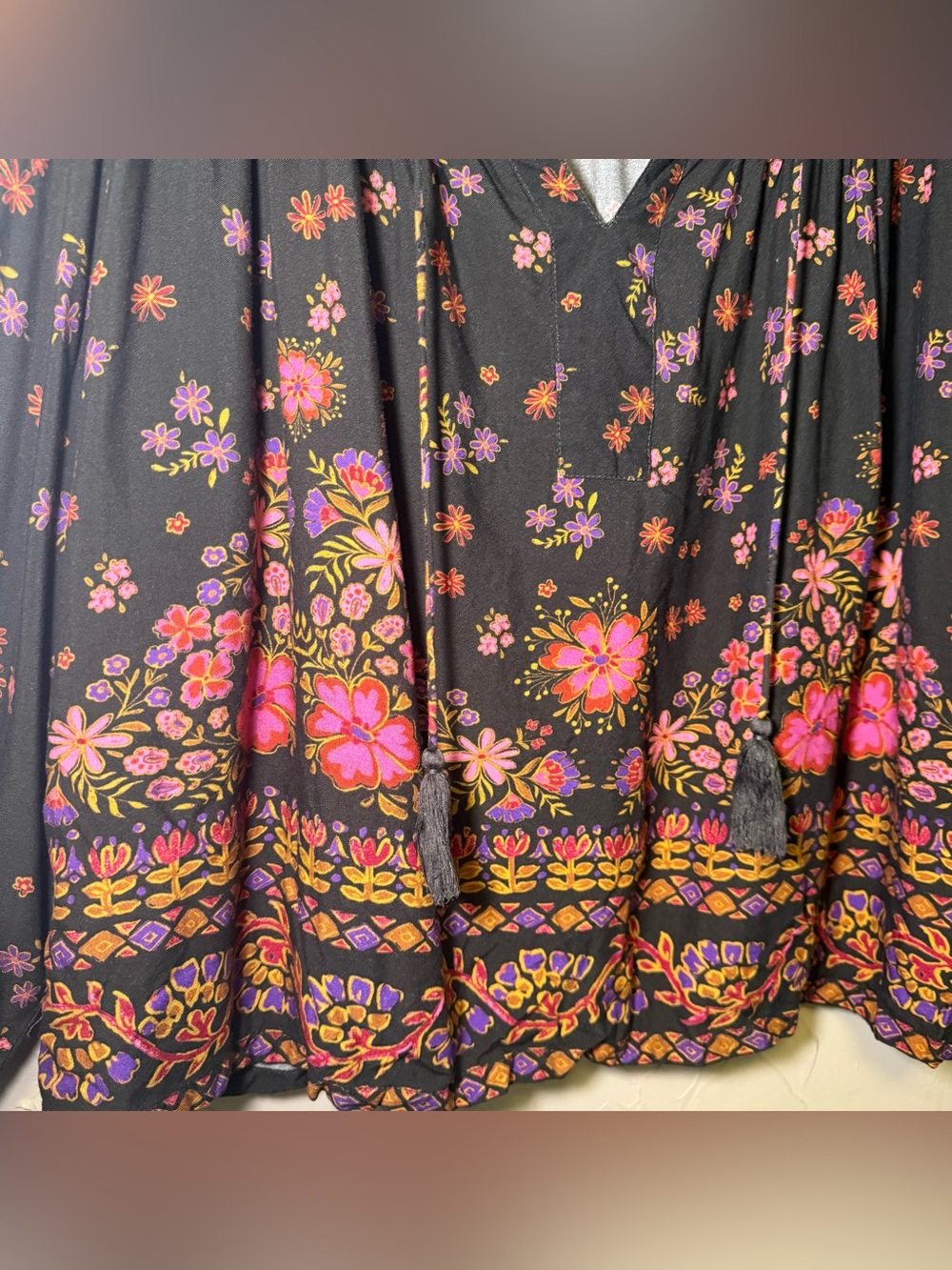 Natural Life XXL Maribel Boho Peasant Top Black Floral Mushroom Tassel Blouse - Picture 4 of 11